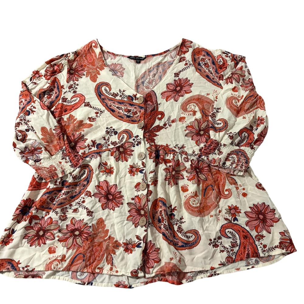 Unique Spectrum Paisley Floral Peplum Blouse 1X Ivory‎ Coral Rayon Button Front